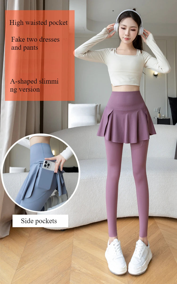Women Fake Two Pieces Leggings Seamless Fitness Leggings High Waist with Pocket Elastic Slim Fashion Hip Liftting Yoga Pants