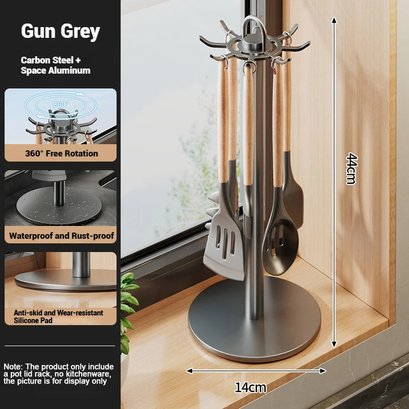 Soporte para utensilios de cocina: colgador de almacenamiento giratorio con 8 ganchos, para organización de encimeras, soporte giratorio para utensilios de cocina