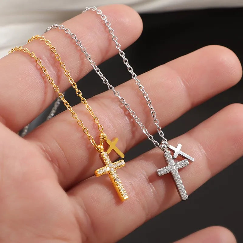 Stainless Steel Pave Cz Double Cross Pendant Chain Necklace For Women'S Girl