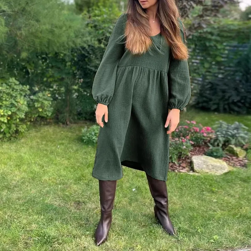 Casual 100% Cotton Women'S Dresses Muslin Sexy V-Neck Long Sleeve Elegant Maxi Dress Midi Robe Female Clothing