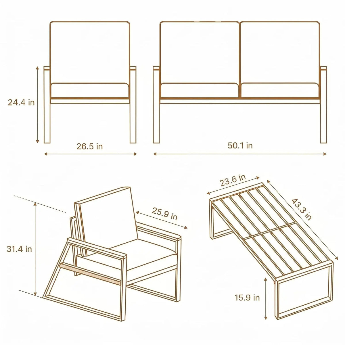 Metal Patio Set 4-Piece Outdoor Conversation WPC Table Washable Cushions Weather-Resistant Seating Yard Poolside, Customized