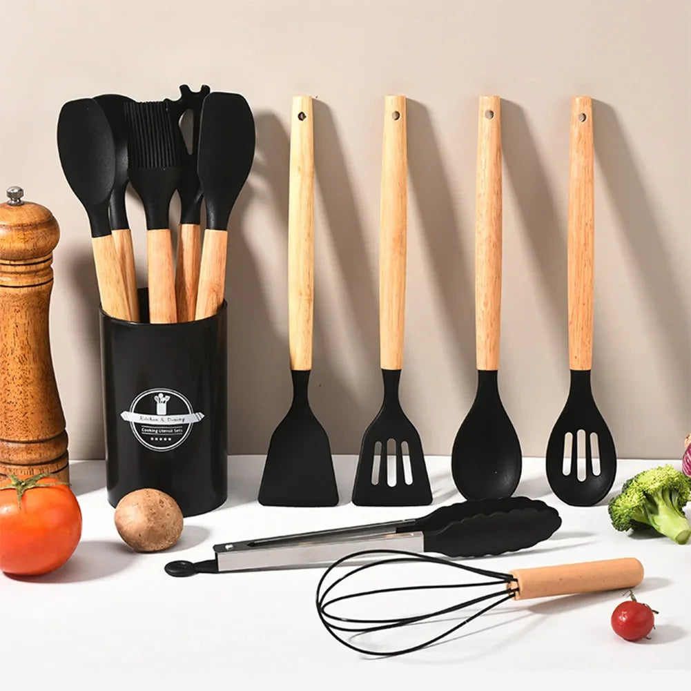 12Pcs Kitchen Utensil Set Silicone Spatula Set Wooden Handle Cooking Tools Kit with Holder Heat-Resistant Cookware for Kitchen