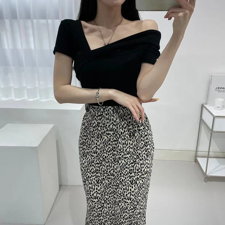 Slim Fit Short Sleeve T-Shirt Women's Summer Sexy Pure Desire Diagonal Collar Flip  Korean Style Commute Pure Color Top