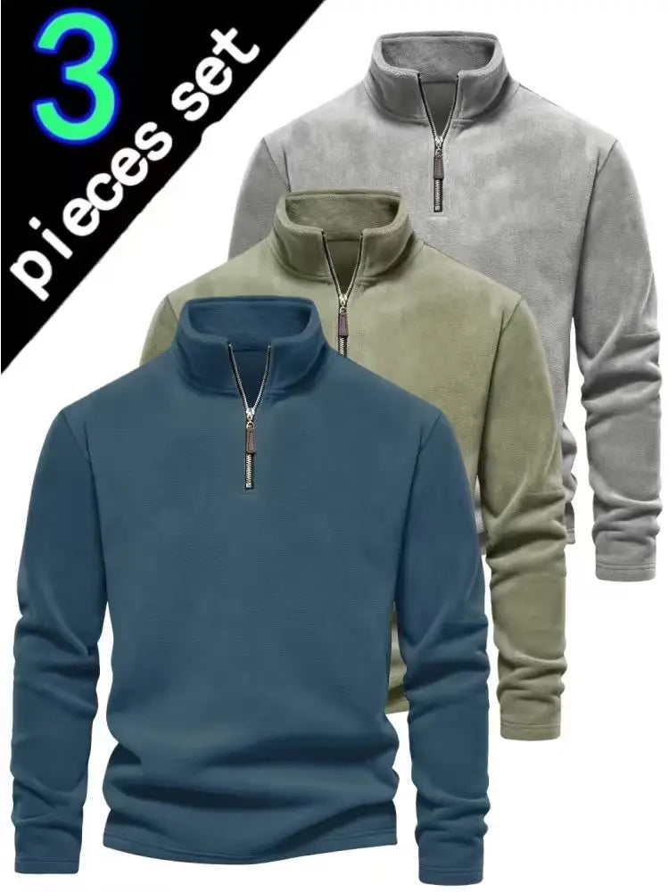 Men's 3-Piece Set of Fleece-Lined Casual Sweatshirts with a Simple Stand-Up Collar and Zipper Design - Stylish Solid Color Tops That Are Warm and Comfortable - Perfect for Everyday Wear in Autumn and Winter