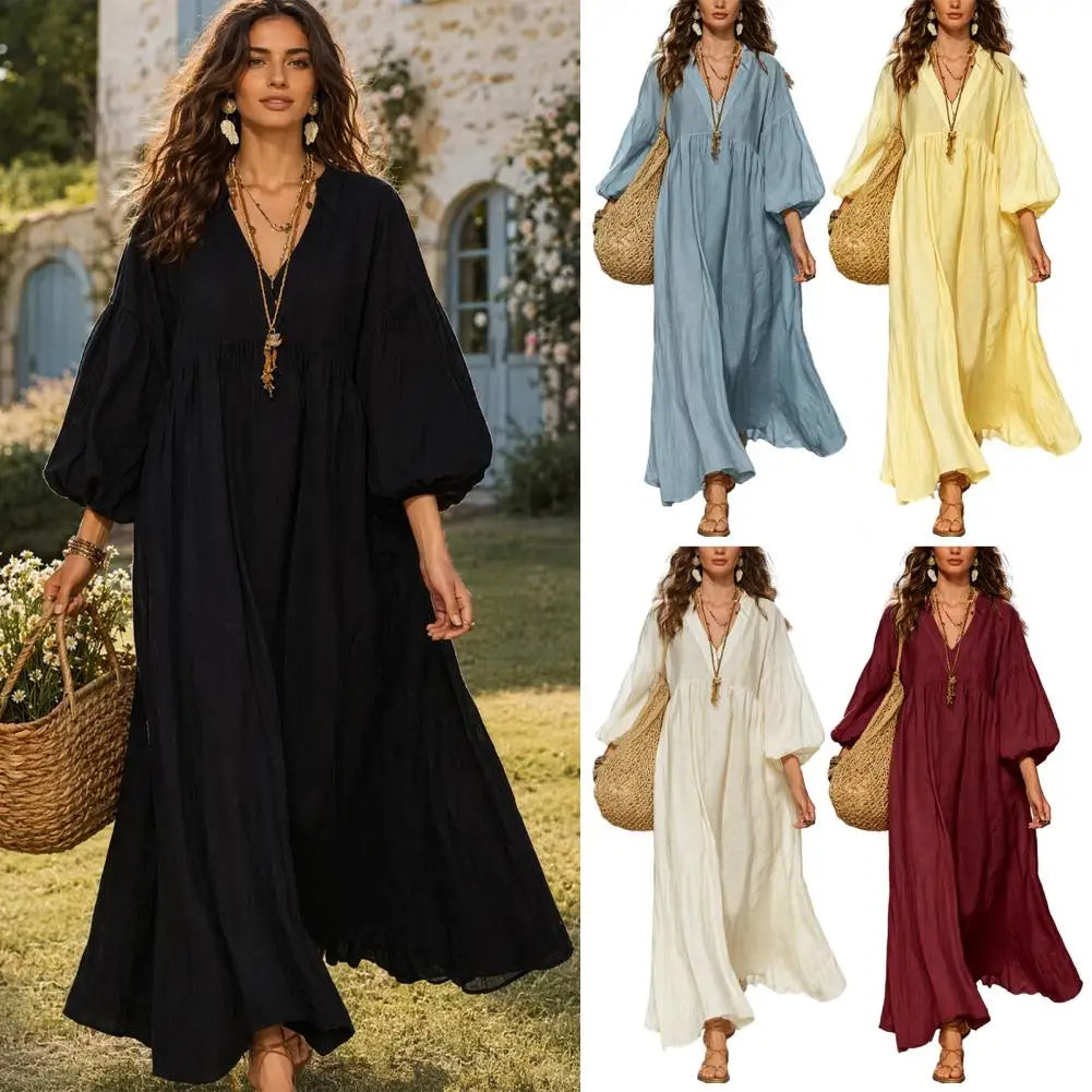 Women Dress Loose Fit Dress Women’s V Neck Maxi Dress Puff Sleeve A-line Flowy Sundress Casual Boho Beach with 3/4 Sleeves