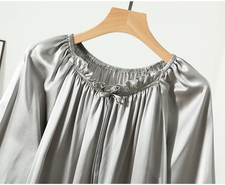 100% Mulberry Silk 16 momme Charmeuse Silk Purple Color Long Sleeve Sleep Dress Sleepwear Nightdress Nightgown QQ068