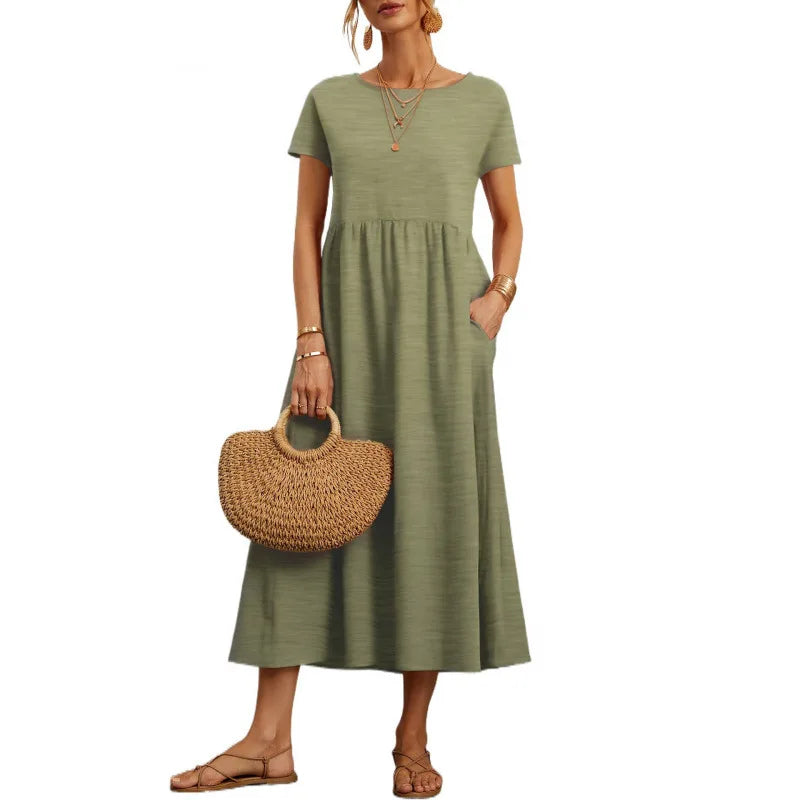 Casual Long Ice Silk round Neck Short Sleeve Dress Pure Color A-Line Skirt Comfortable Elastic Waist Elegant Commute Style