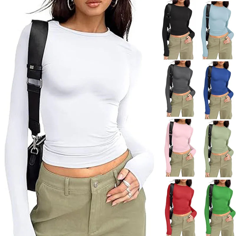 1Pcs Four Seasons Fashion Senior Women'S T-Shirt Long Sleeve Crew Neck Solid Slim Fit Tee Ladies Crop Top Daily Streetwear Camis