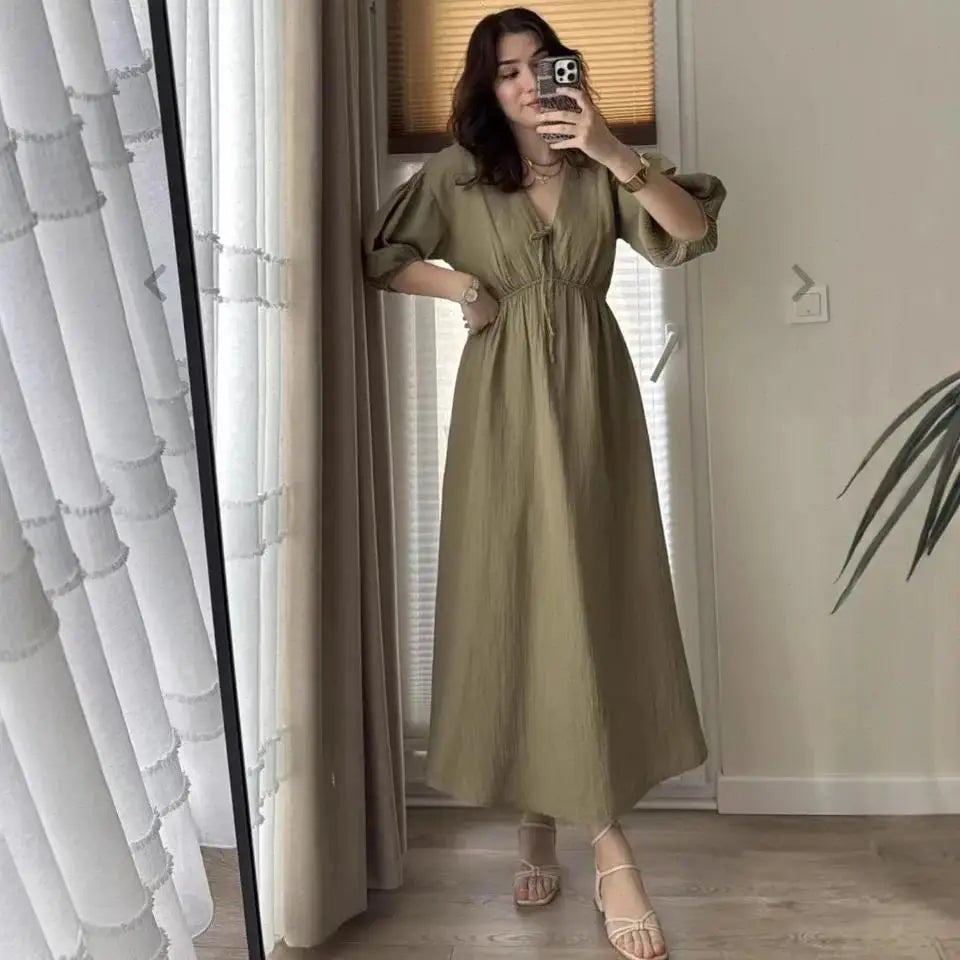 Dress Women Dresses A Line Puff Sleeve Vestidos V Neck Elastic Waist Elegant Mid Length Solid Y2k Streetwear Work Lace Up Summer
