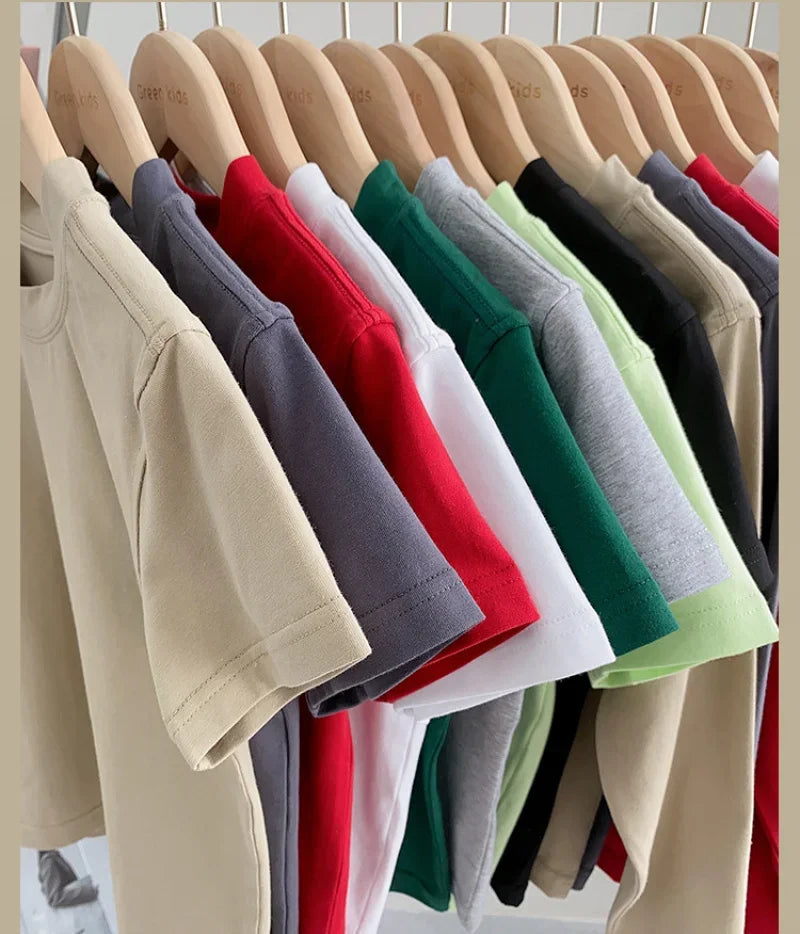 Kids Solid Color Cotton T-Shirt 2026 Spring Summer New Boys Girls Round Neck Short Sleeve Basic Tops Children Casual Tees