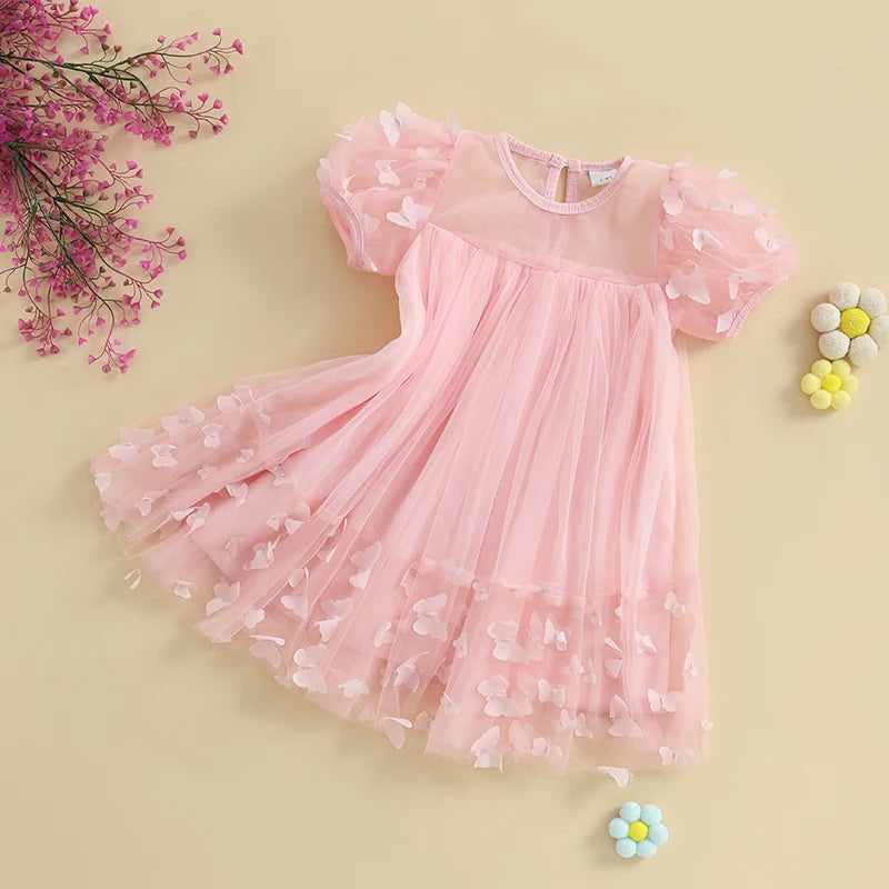 3-8Y Kid Girl Tulle Dress 3D Butterfly Short Sleeve Square Neck Mesh A-Line Dress for Spring Summer