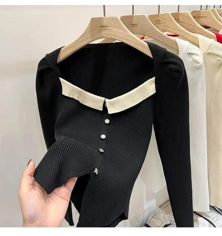 Women's Knitted Short Sweater Square Collar Base Shirt Color Collision Design Sensation Autumn Winter Special Edition Top