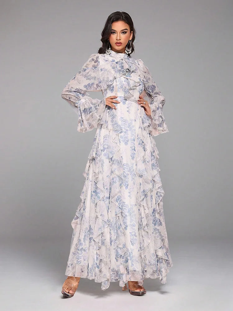 TOLEEN Womens Frill Trim Flowy Long Dress With Random Floral Print, Elegant,Party Dress,Gown,Formal,Evening Wedding Guest Spring