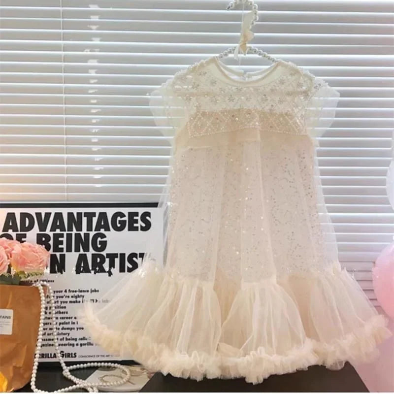 New Girls Princess Dress Casual Spring Summer Children's Wear Korean Pearl Neck Princess Dress Fashion Yarn Dress