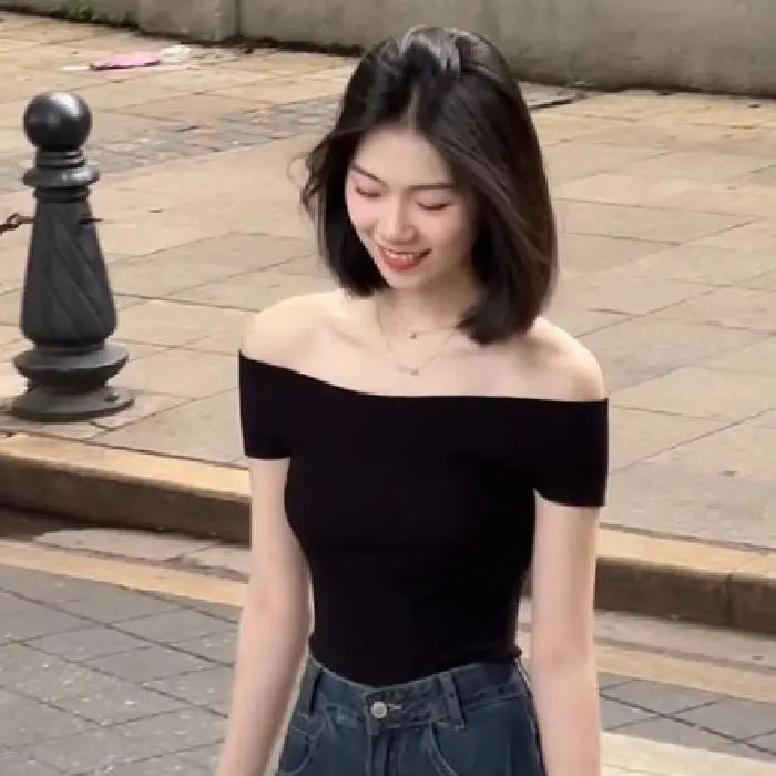Women's One-Shoulder Knitted T-Shirt - Slim Fit Short Sleeve Black