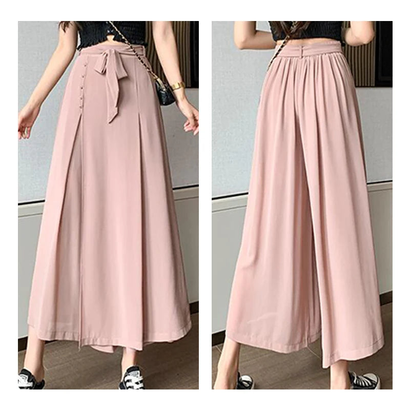 Summer Elastic Pleated Skirt Women Chiffon Trouser Skirt High Waist Casual Wide Leg Pants Fashion Streetwear Pants Pantalones