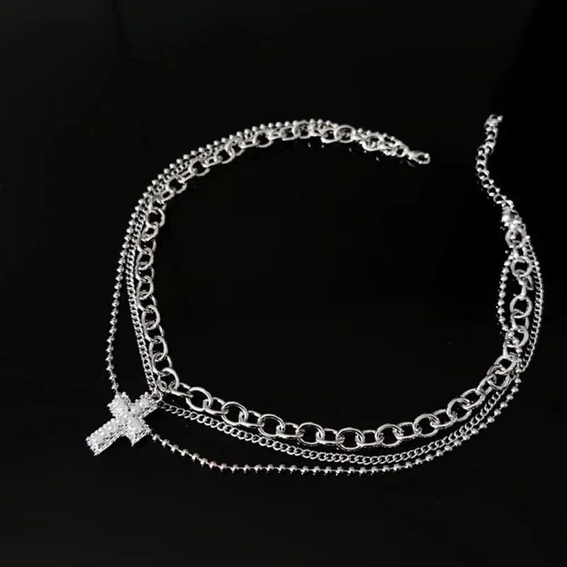 Rhinestone Cross Pendant Necklace Spicy Girl Sweet and Cool Style Multi Layered Necklace Choker Gift for Women Choker Jewelry