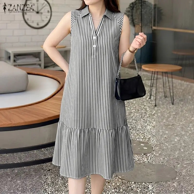 ZANZEA Elegant Women Striped Sleeveless Shirt Dress Casual Ruffle Hem Summer Holiday Button Down Office Work Midi Sundress Robe