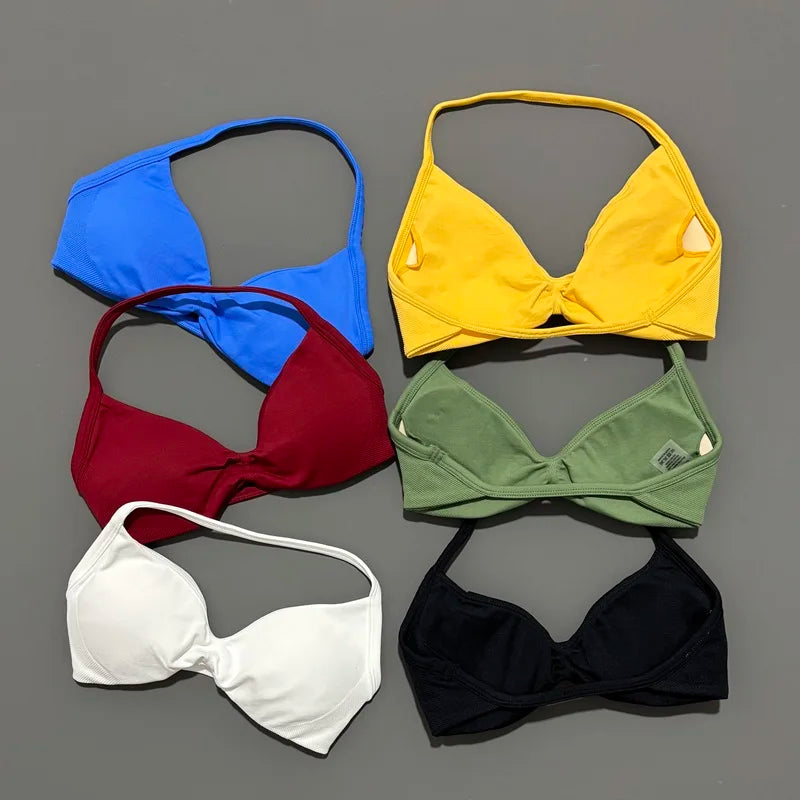 Histello Sports Strappy Bra Women Yoga Tank Bra Seamless High Support Fitness Workout Top Running Exercise Halter Gym Bras