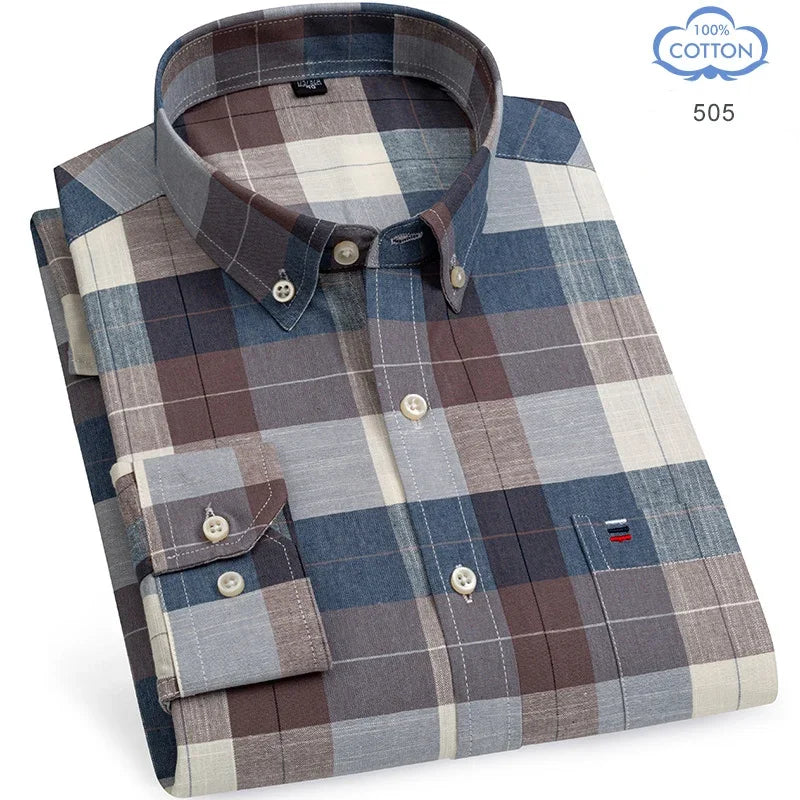 100 Percent Cotton Oxford Shirt For Men Long Sleeve Plaid Pattern Business Office Wear Smart Casual