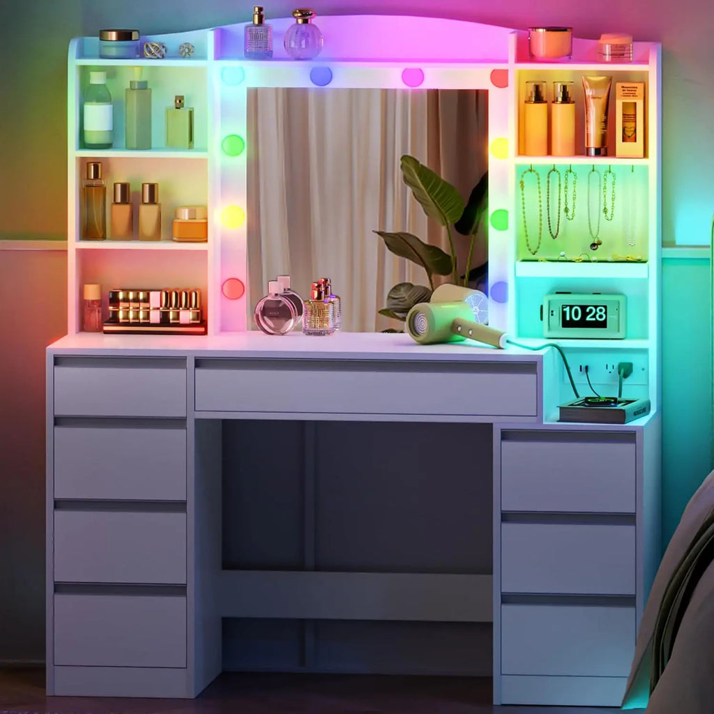 47.2in White Vanity Desk with LED Mirror Power Strip 8 Drawers 8 Shelves Bedroom