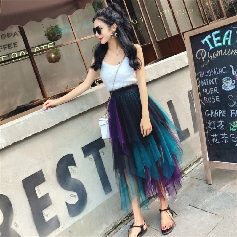 Summer Tutu Women Skirt Harajuku Casual Tulle Bottom Jupe Femme Faldas Fashion High Waist Midi Mesh Skirts Woman Clothing Saia