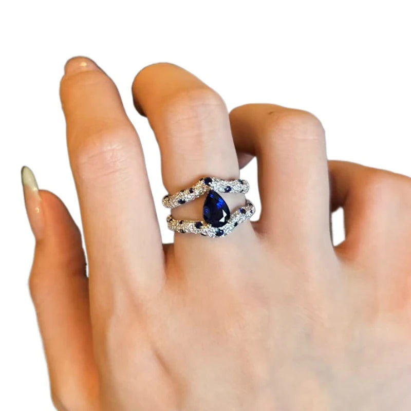 Light luxury and high-end dual color blue droplet gemstone rings for women exquisite inlay diamonds fashion ring wedding jewelry