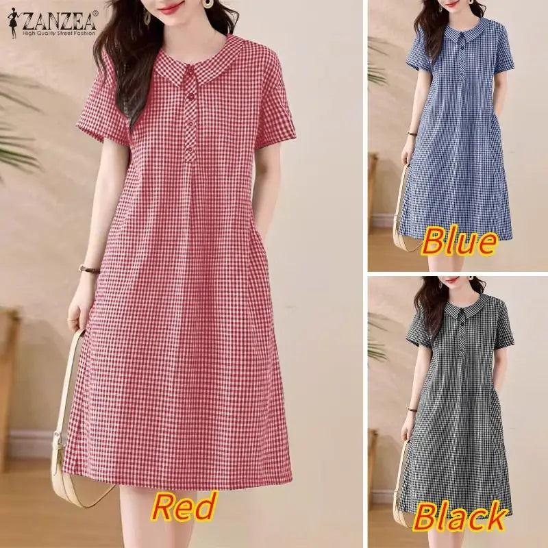 ZANZEA Women's Casual Gingham Short Dresses Turn-Down Collar Half-Button Short Sleeve Knee-Length Dress Summer Robes Femme