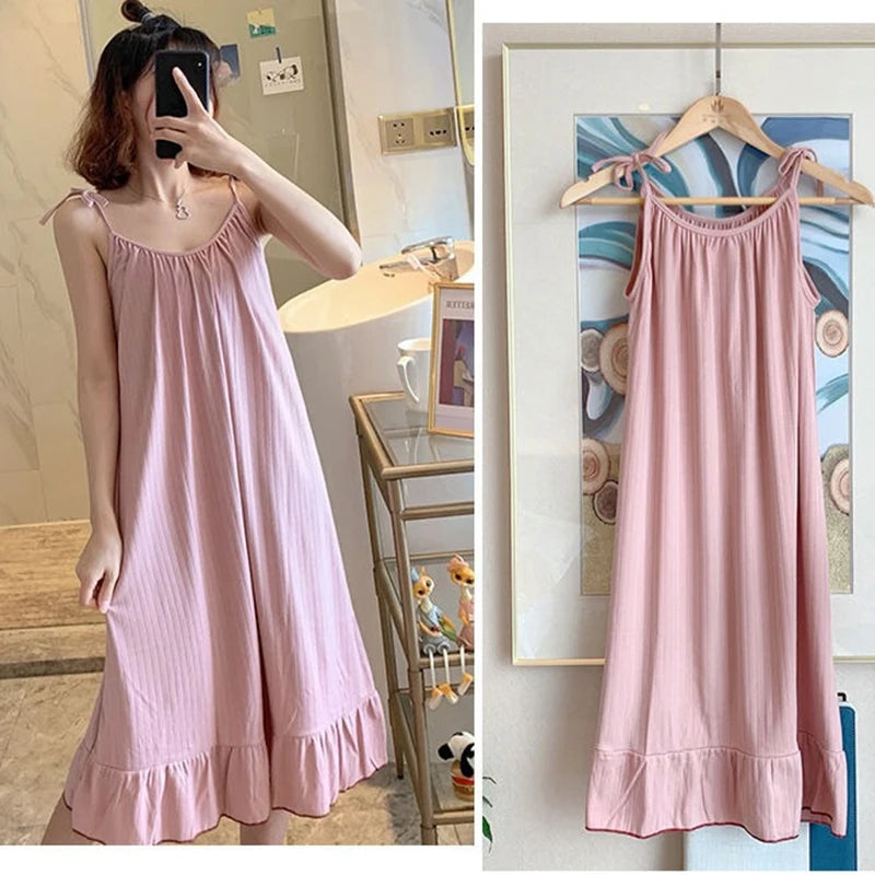 Korean Style Ladies Lovely Summer Sleeveless Strap Sleepwear Woman Night Dress Sleeping Nightgown Home Clothes