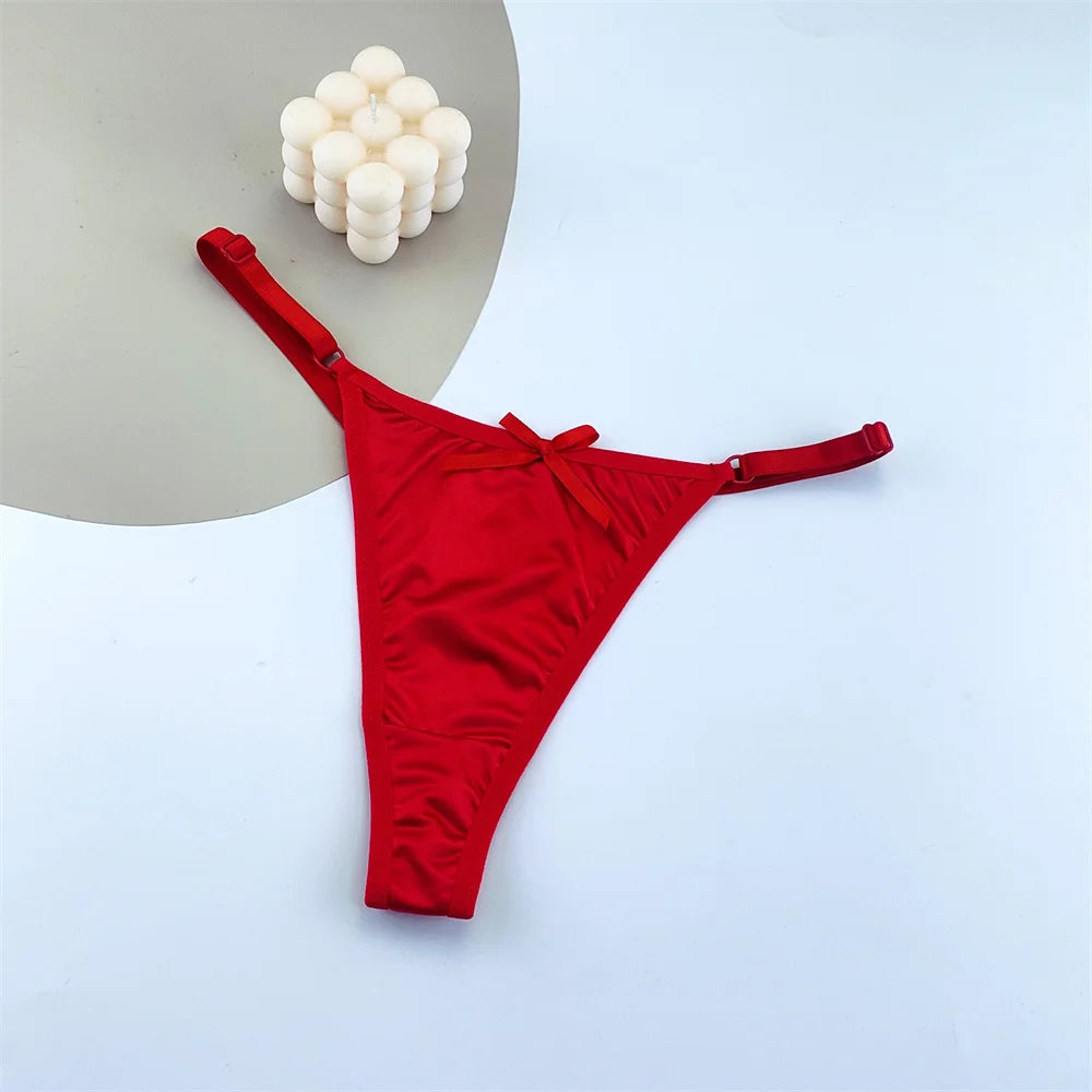 3PCS Adjustable Satin Thong Women Sexy G-string Underwear Low Waist T Back Peach Buttocks Tempting Sexy Bow Lingerie