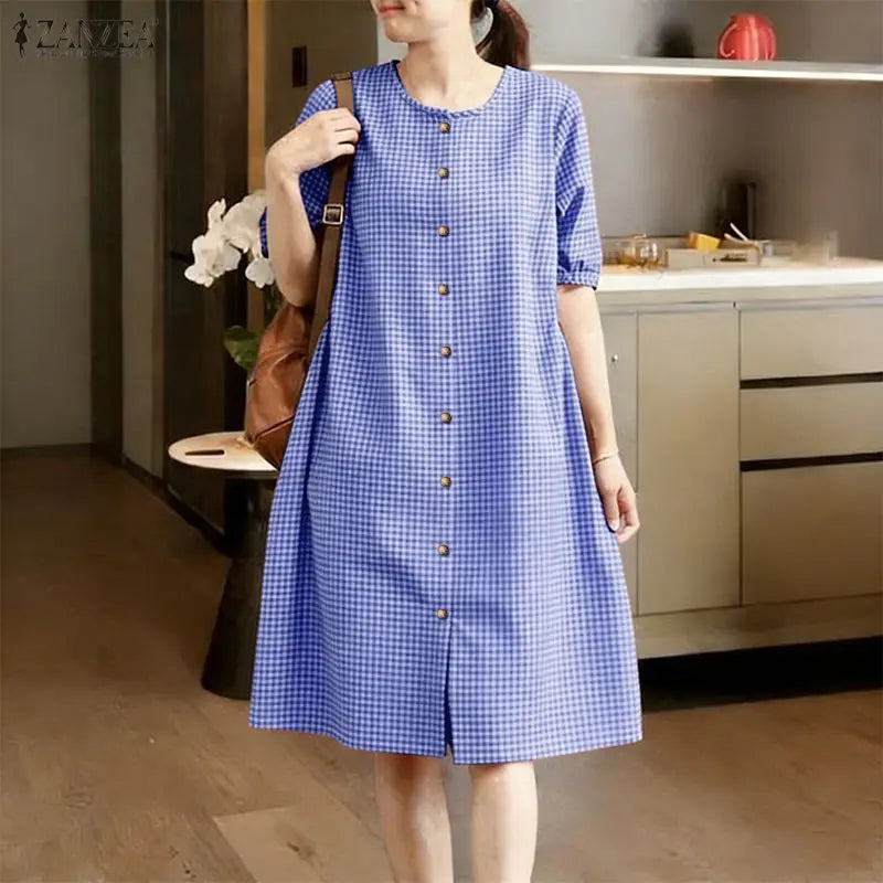 2026 ZANZEA Women Summer Sundress Elegant Short Sleeve Plaid Checked Dress Casual O Neck Work Dresses Baggy Holiday Vestido Robe