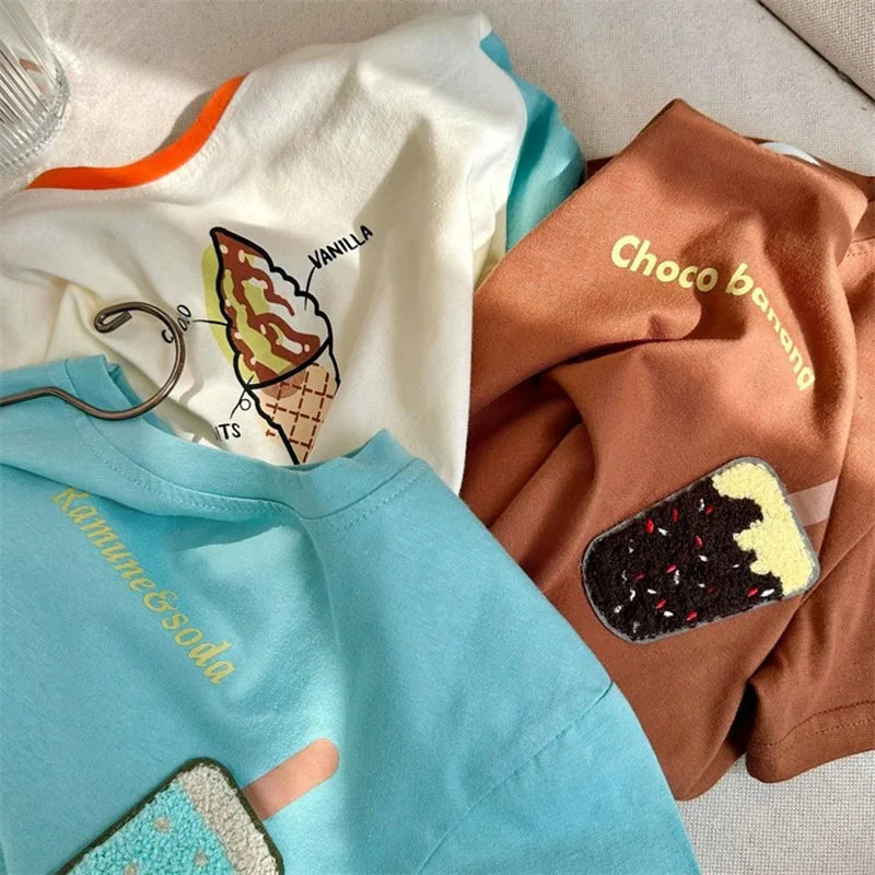 Summer New Children'S 100% Cotton T-Shirt Baby Boys Fashion Short-Sleeved Cartoon Tops Kids Girl Patchwork Costume Outerwears