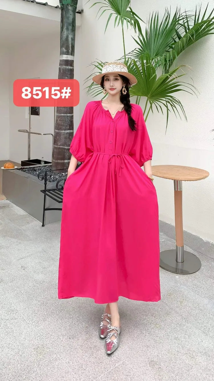 THHONE Summer Plus Size Dress Robe Solid Long Casual Loose Vintage Vestidos Para Mujer Oversized Dresses Half Sleeve Belt Pocket