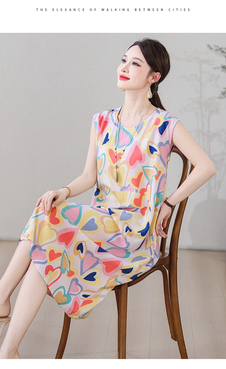 New Fashion Vintage Floral Print  Sleeveless Casual Party Femme Summer Dresses For Women 2025 O-neck Straight Women Clothing