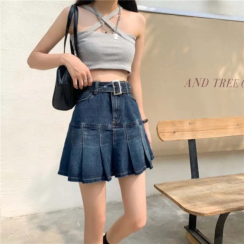 Spicy Girl Denim Half Skirt Women's Summer 2026 INS New Korean Retro High Waist Slim A-Line Pleated Short Skirt Trendy