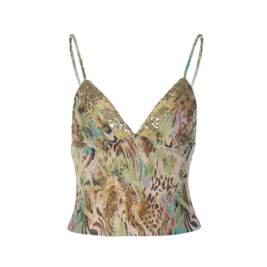 Avrilyaan Sequin Patchwork Deep V Printed Crop Top Women Slim Summer Street Party Top