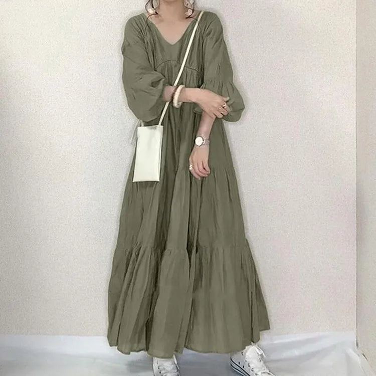 Summer Dress Women's Casual Long Sleeve V Neck Dresses Olive Green Loose Fit Maxi Dress Tiered Skirt A Line Flared Shirt Dress