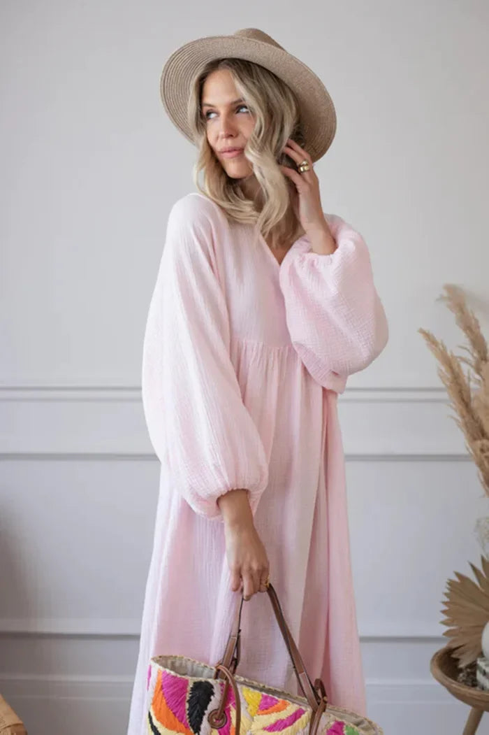 100% Cotton Gauze Muslin Night Dress For Women Sexy V-Neck Long Sleeve Maxi Party Birthday Dress Beach Boho Sundress