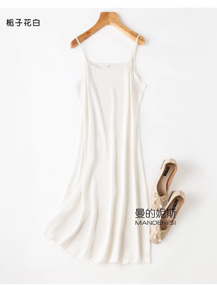 Tcyeek Women Silk Dress 93%Silk 7%Spandex Spaghetti Strap Mid Dresses 2024 Summer New Clothes Blue