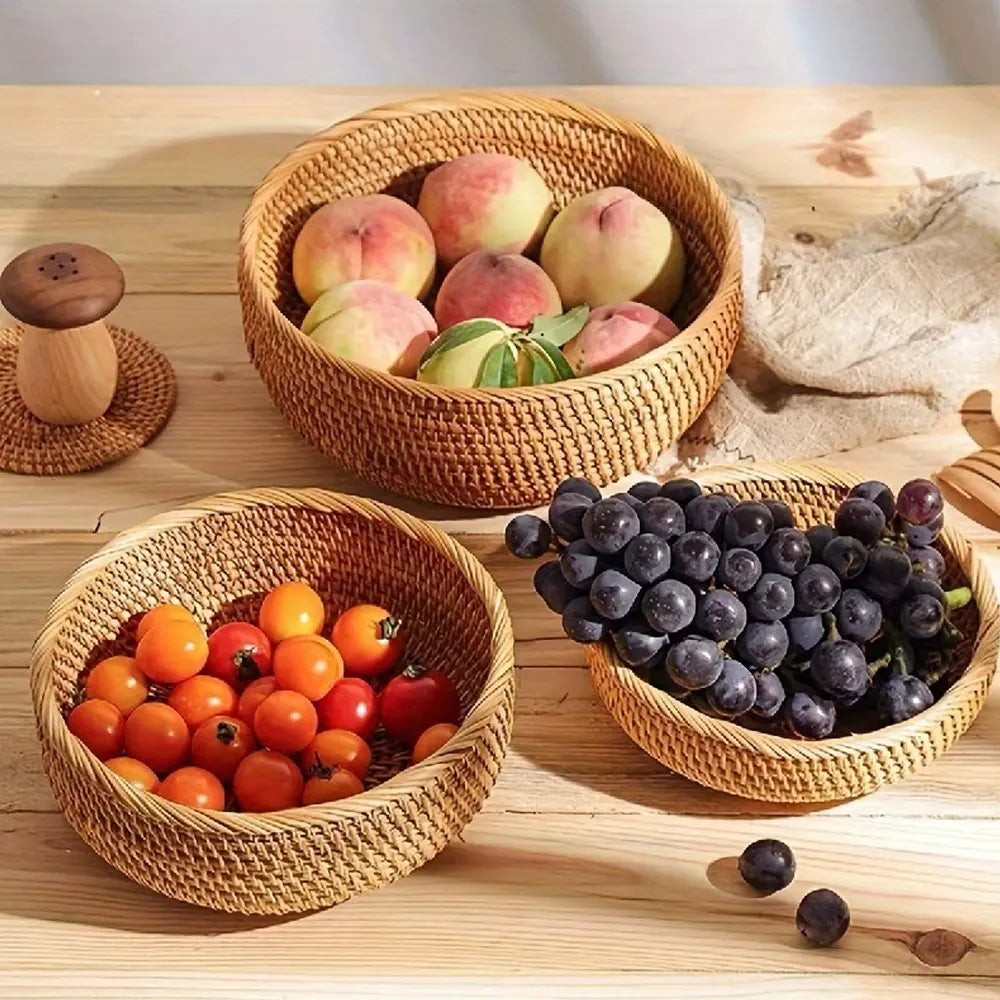 Set of Handwoven Wicker Baskets – Natural Straw Round Storage Baskets for Home Organization, Kitchen, and Decorative Use