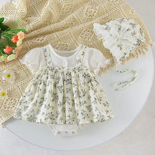 Baby Girl Sleeveless Romper and Hat Set - Cotton Print, 0-24M