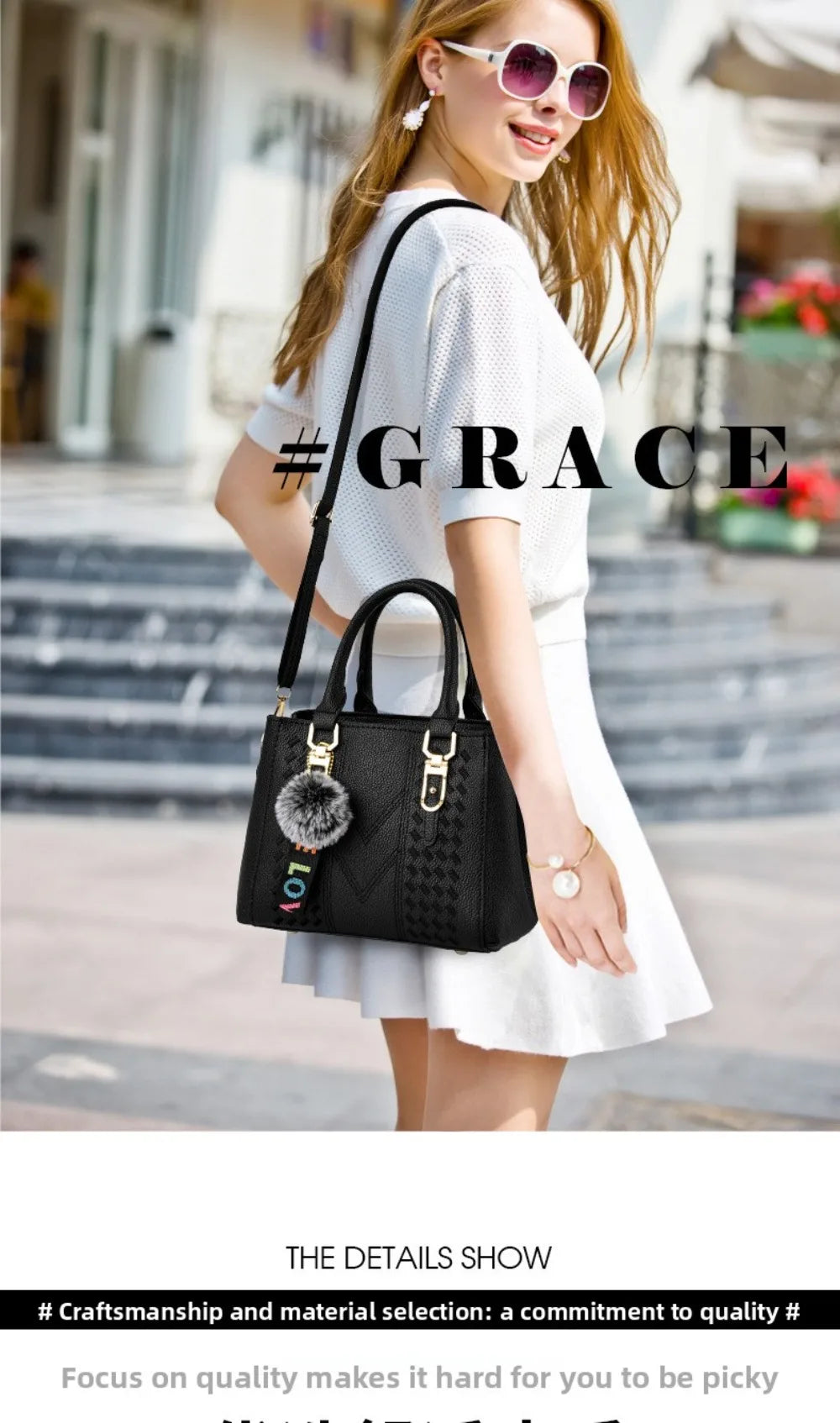 Korea Leather Women Handbag with Keychain Open Pocket Shoulder Bag Large Capacity Casual Messenger Bag Lady