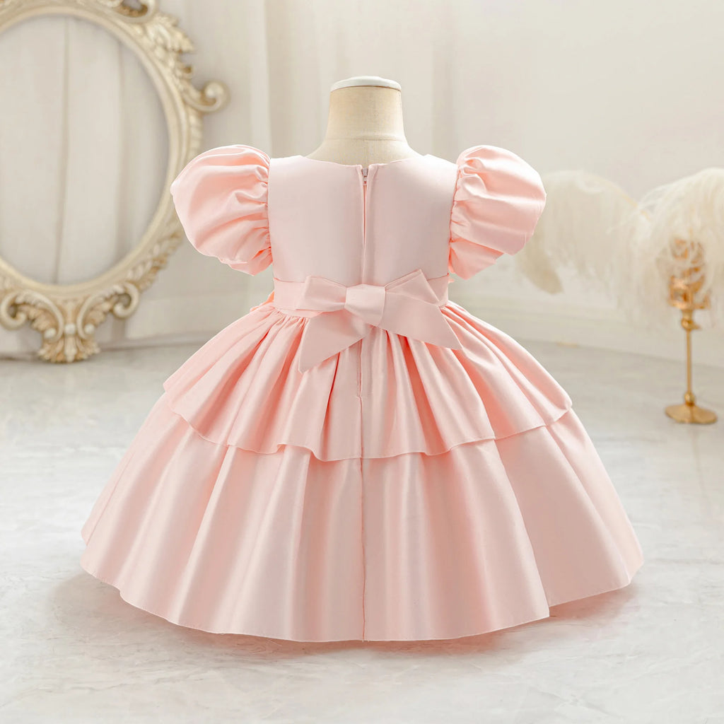 HETISO Baby Girls Appliques Flower Solid Satin Princess Fashion Dresses Ball Gown for Party Birthday New Year 6M-4 Years