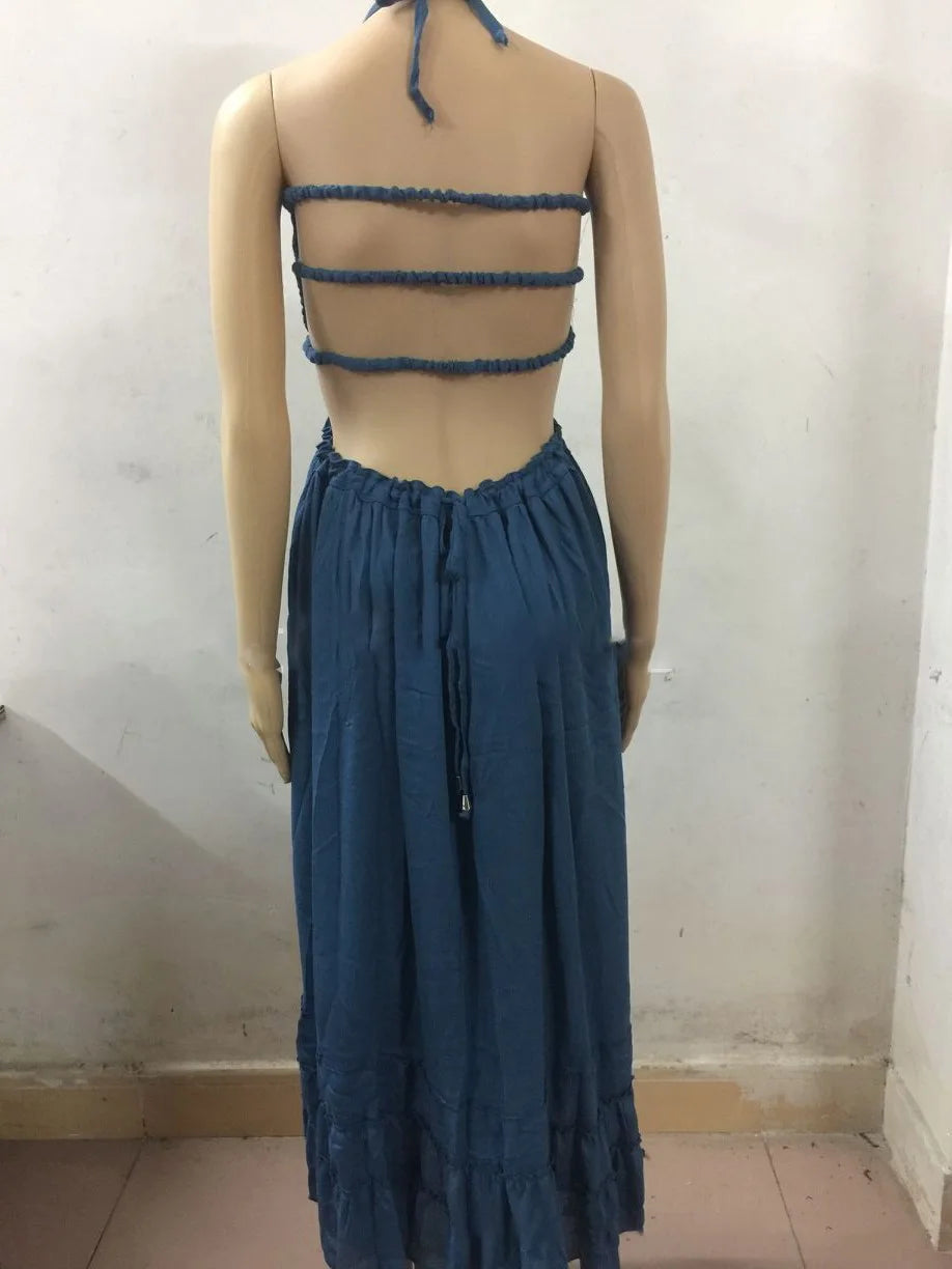 Elegant Women's Summer Beach Long Dress Sexy Backless Boho Bohemian Sundress Casual Holiday Backless Party Hippie Maxi Dresses