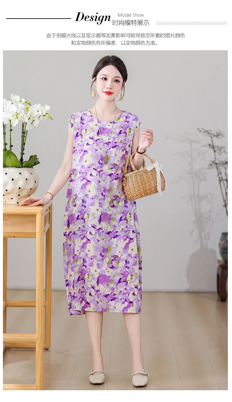 New Fashion Vintage Floral Print  Sleeveless Casual Party Femme Summer Dresses For Women 2025 O-neck Straight Women Clothing