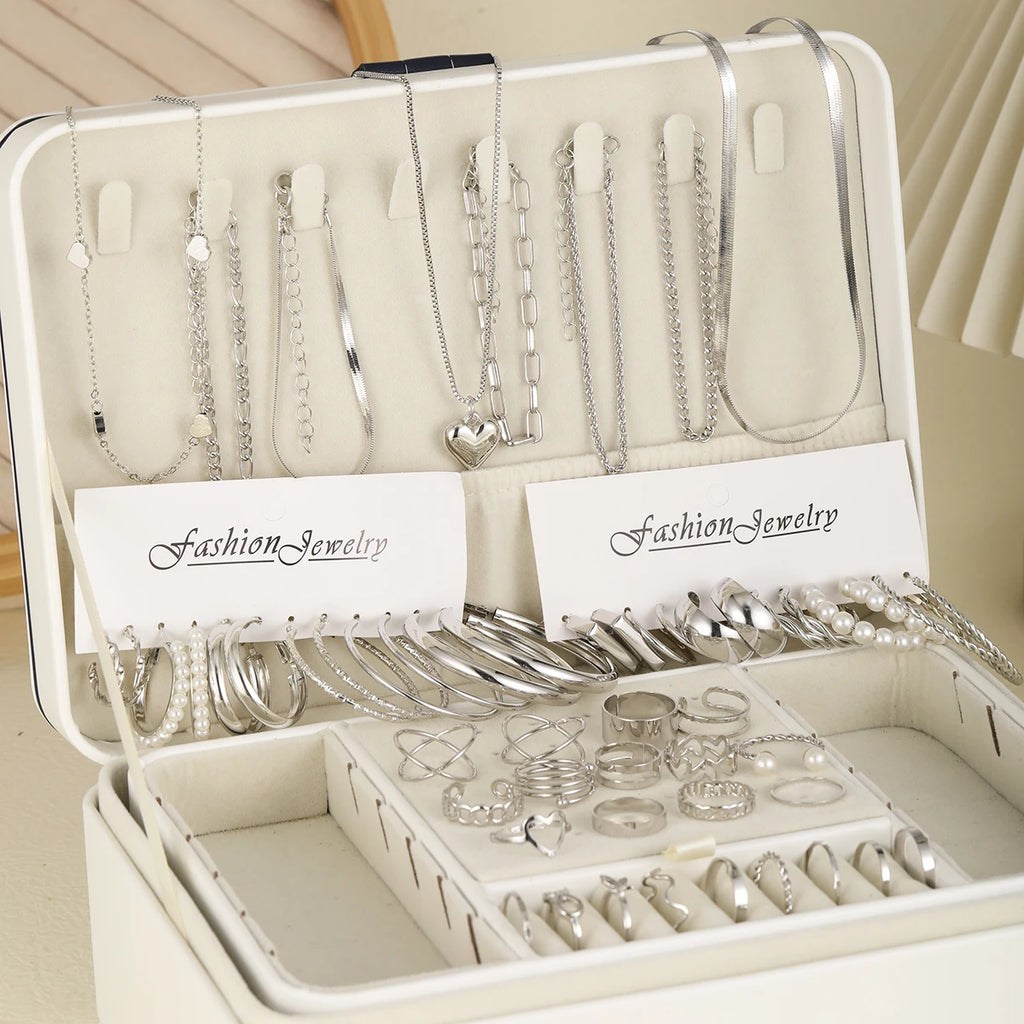 54 Pcs/Set Vintage Elegant Pearl Earrings Ring Heart Pendant Necklace Bracelet For Women'S Boho Daily Wear Jewelry Set Gifts 2024