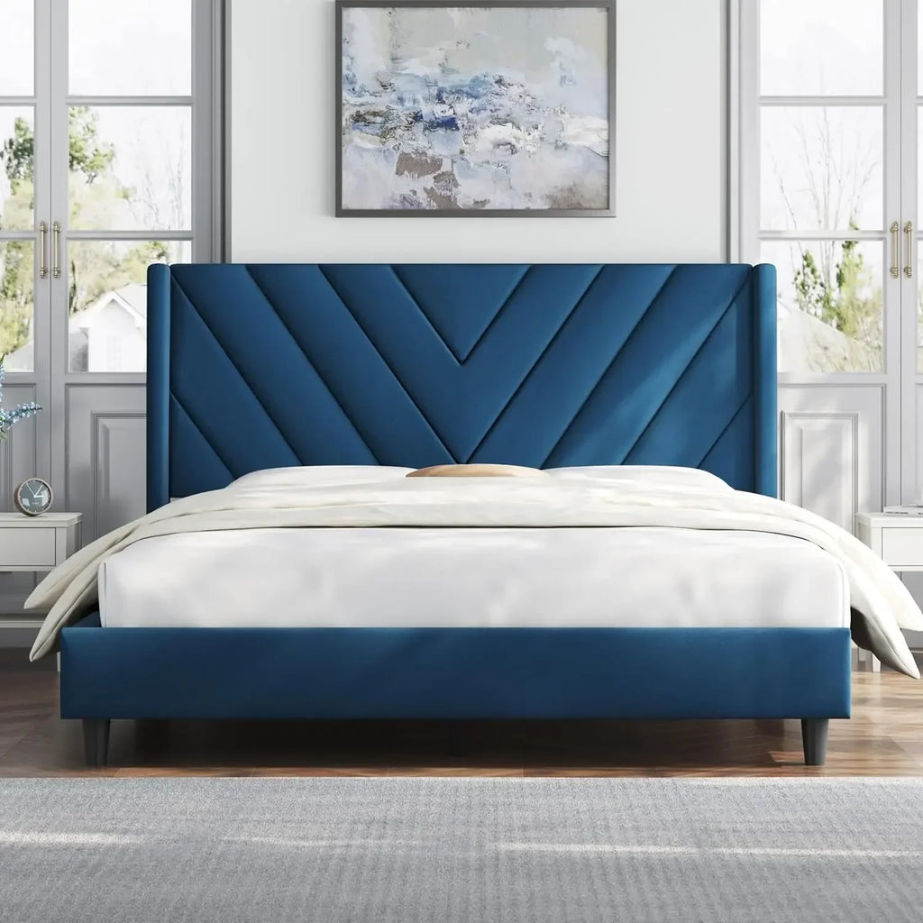 Queen Bed Frame Upholstered Platform Bed with Wing Side/Wooden Slat Support/Tufted Headboard with Wing Side/Mattress Foundation