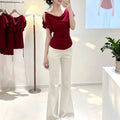 Ultra-Hand Feel Modal Korean Style Short Sleeve Shoulder Bared Waist Cinched Slim Fit Red Folded Women's Top Comfortable Brea...