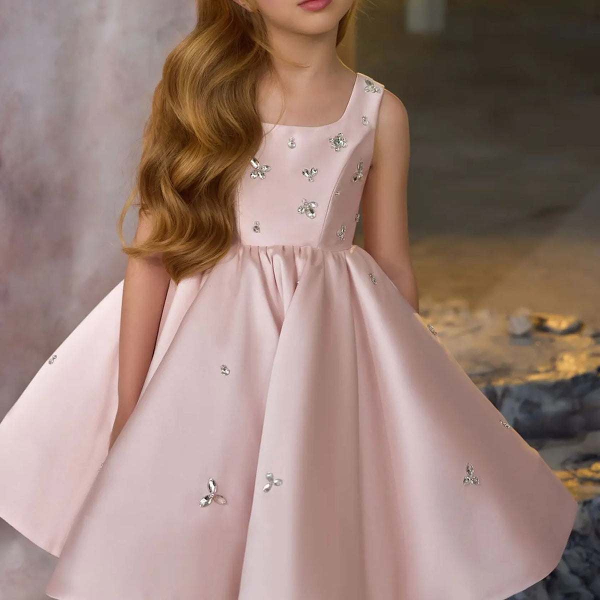 Dreamy Vow J145 Pink Satin Classic Girls Dress Beaded Square Neck Knee Length Children Wedding Birthday Holiday Party Dress 2025