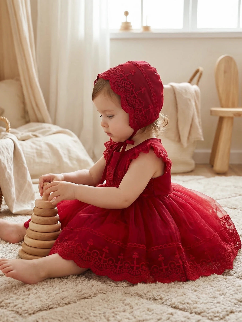 Baby Girl 0-2 Years Old Baby Wine Red Baptism Dress,Lace Net Skirt,Princess Dress,Wedding Flower Girl Dress,Birthday,With Hat
